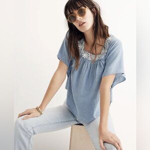 Madewell Embroidered Blouse in Chambray Denim | Size M